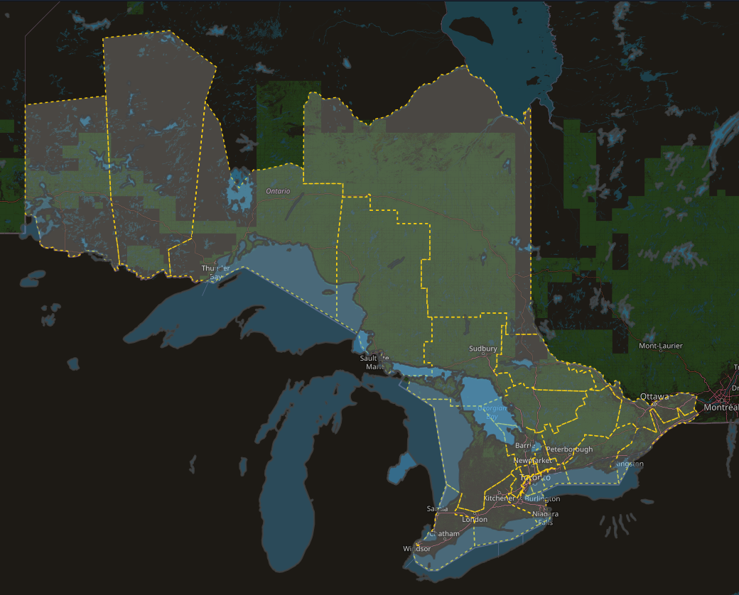 Dark map of Ontario and the Great Lakes with regional overlays outlined by yellow dashed boundaries